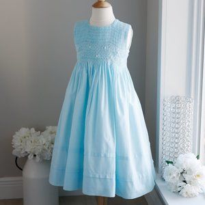 Strasburg Dress Smocked Sleeveless Aqua RARE Pink Accents Size 7/8 Flower Girl
